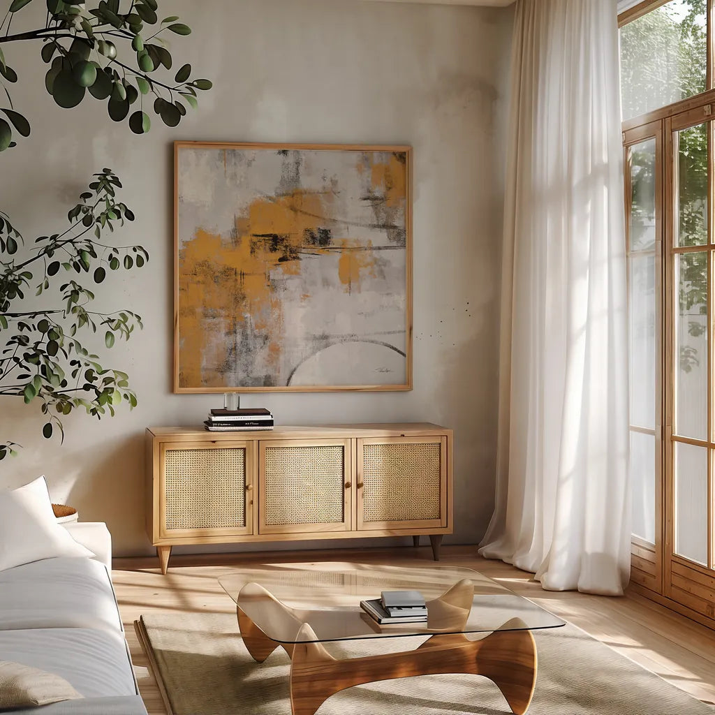 Stone Gardens II Autumn by Silvia Vassileva. Shown in a natural wood frame in a cozy modern living room. Available as an archival giclee rolled canvas, fine art paper, or poster print. SKU 78324a.