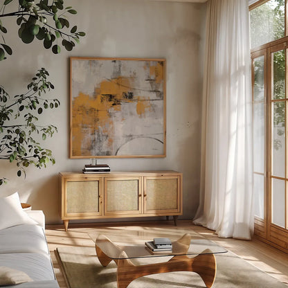 Stone Gardens II Autumn by Silvia Vassileva. Shown in a natural wood frame in a cozy modern living room. Available as an archival giclee rolled canvas, fine art paper, or poster print. SKU 78324a.