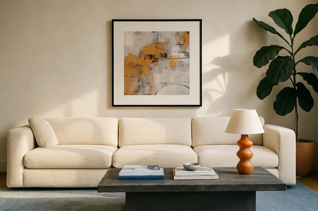Stone Gardens II Autumn by Silvia Vassileva. Displayed in a glass frame with matte in a clean modern living room. Available as an archival giclee rolled canvas, fine art paper, or poster print. SKU 78324a.