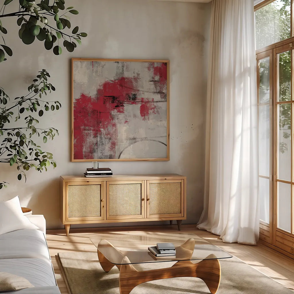 Stone Gardens II Red by Silvia Vassileva. Shown in a natural wood frame in a cozy modern living room. Available as an archival giclee rolled canvas, fine art paper, or poster print. SKU 31289a.