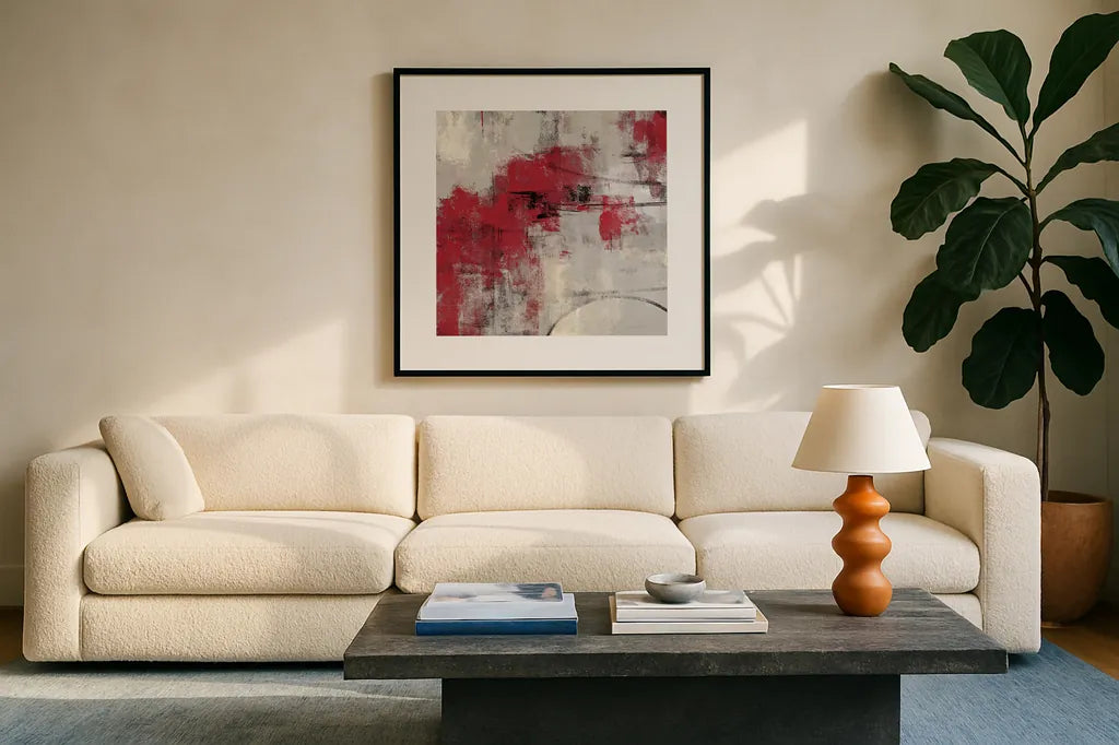 Stone Gardens II Red by Silvia Vassileva. Displayed in a glass frame with matte in a clean modern living room. Available as an archival giclee rolled canvas, fine art paper, or poster print. SKU 31289a.
