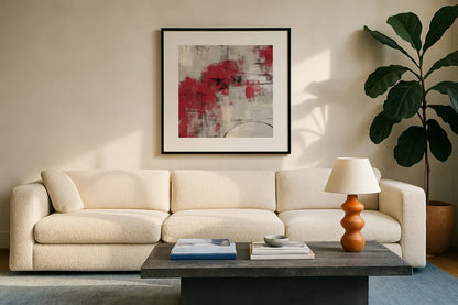 Stone Gardens II Red by Silvia Vassileva. Displayed in a glass frame with matte in a clean modern living room. Available as an archival giclee rolled canvas, fine art paper, or poster print. SKU 31289a.