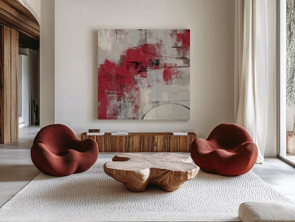 Stone Gardens II Red by Silvia Vassileva. Shown as extra-large giant wall art in a modern living room. Available as an archival giclee rolled canvas, fine art paper, or poster print. SKU 31289a.