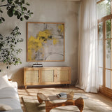 Stone Gardens II Yellow by Silvia Vassileva. Shown in a natural wood frame in a cozy modern living room. Available as an archival giclee rolled canvas, fine art paper, or poster print. SKU 31291a.