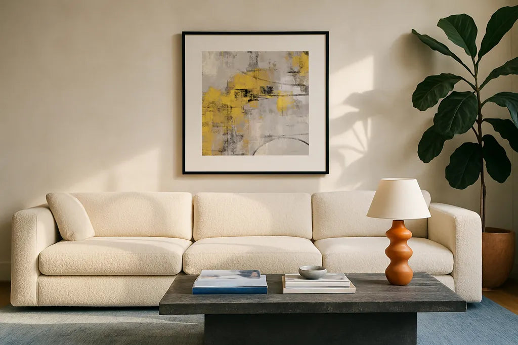 Stone Gardens II Yellow by Silvia Vassileva. Displayed in a glass frame with matte in a clean modern living room. Available as an archival giclee rolled canvas, fine art paper, or poster print. SKU 31291a.