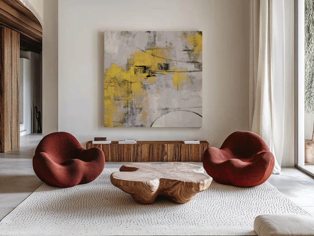 Stone Gardens II Yellow by Silvia Vassileva. Shown as extra-large giant wall art in a modern living room. Available as an archival giclee rolled canvas, fine art paper, or poster print. SKU 31291a.