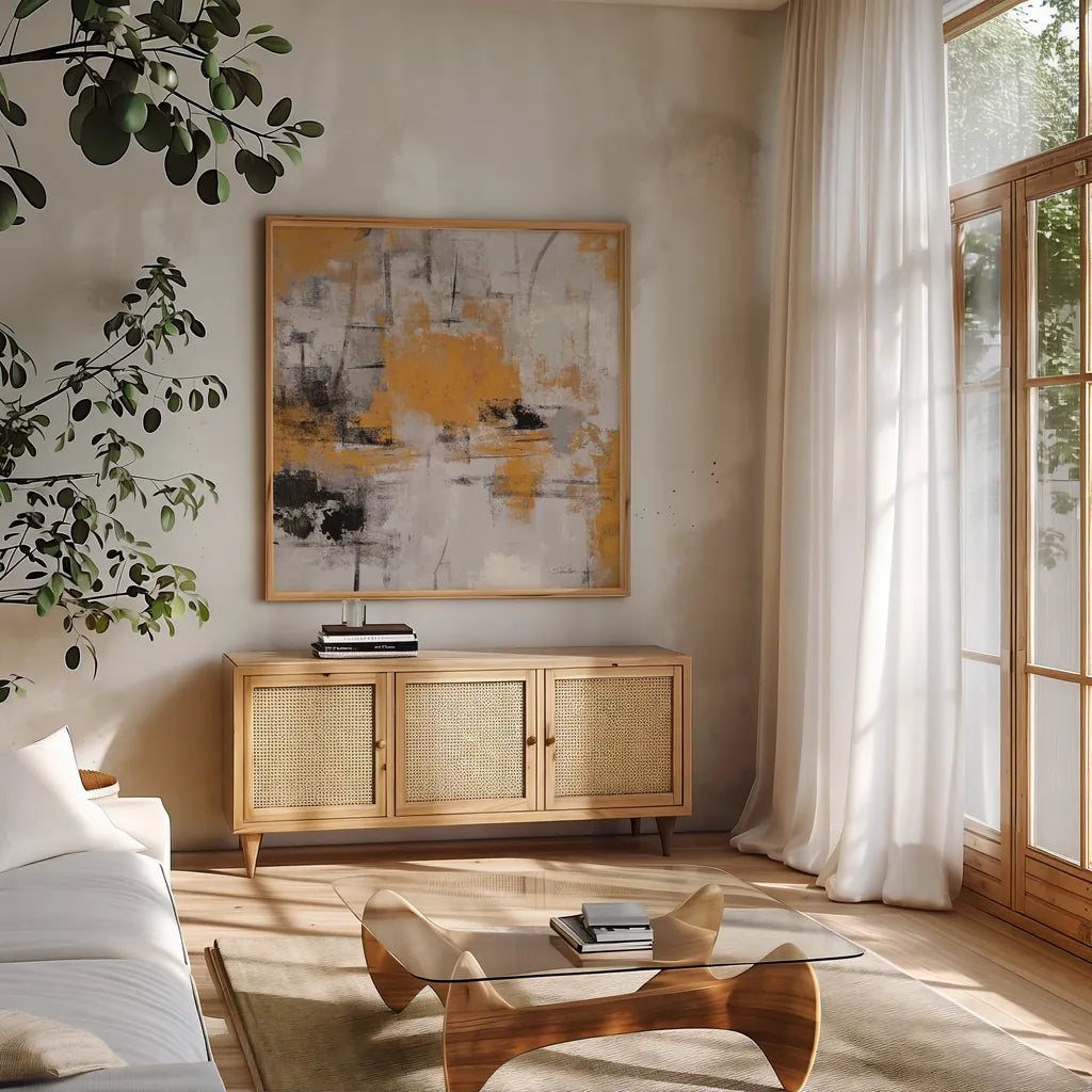 Stone Gardens III Autumn by Silvia Vassileva. Shown in a natural wood frame in a cozy modern living room. Available as an archival giclee rolled canvas, fine art paper, or poster print. SKU 78325a.