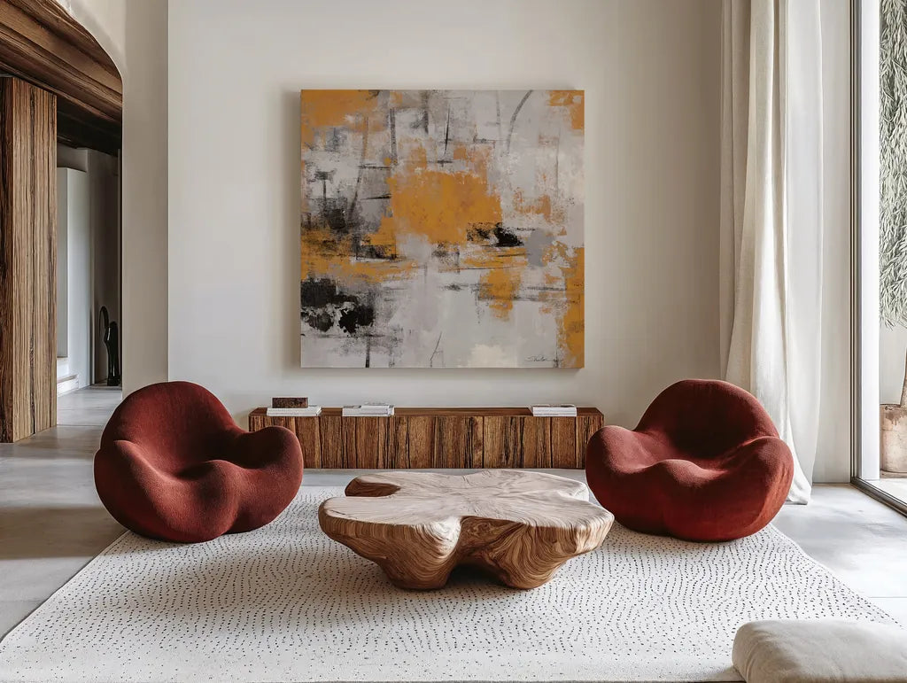 Stone Gardens III Autumn by Silvia Vassileva. Shown as extra-large giant wall art in a modern living room. Available as an archival giclee rolled canvas, fine art paper, or poster print. SKU 78325a.