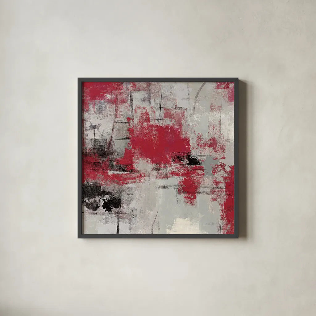 Stone Gardens III Red by Silvia Vassileva. Shown in a sleek black glass frame for a contemporary gallery look. Available as an archival giclee rolled canvas, fine art paper, or poster print. SKU 31290a.
