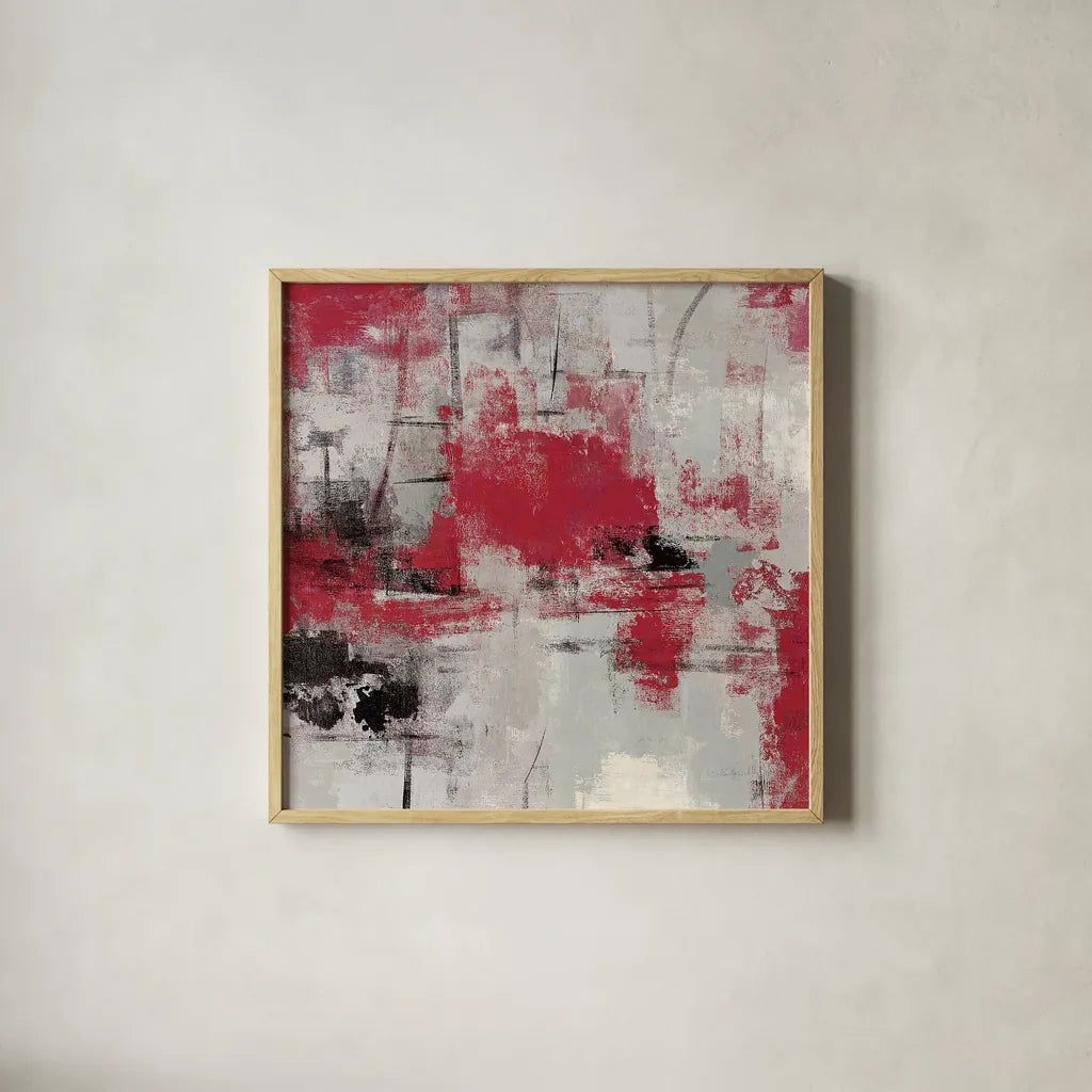 Stone Gardens III Red by Silvia Vassileva. Shown in a natural wood glass frame for a timeless modern aesthetic. Available as an archival giclee rolled canvas, fine art paper, or poster print. SKU 31290a.