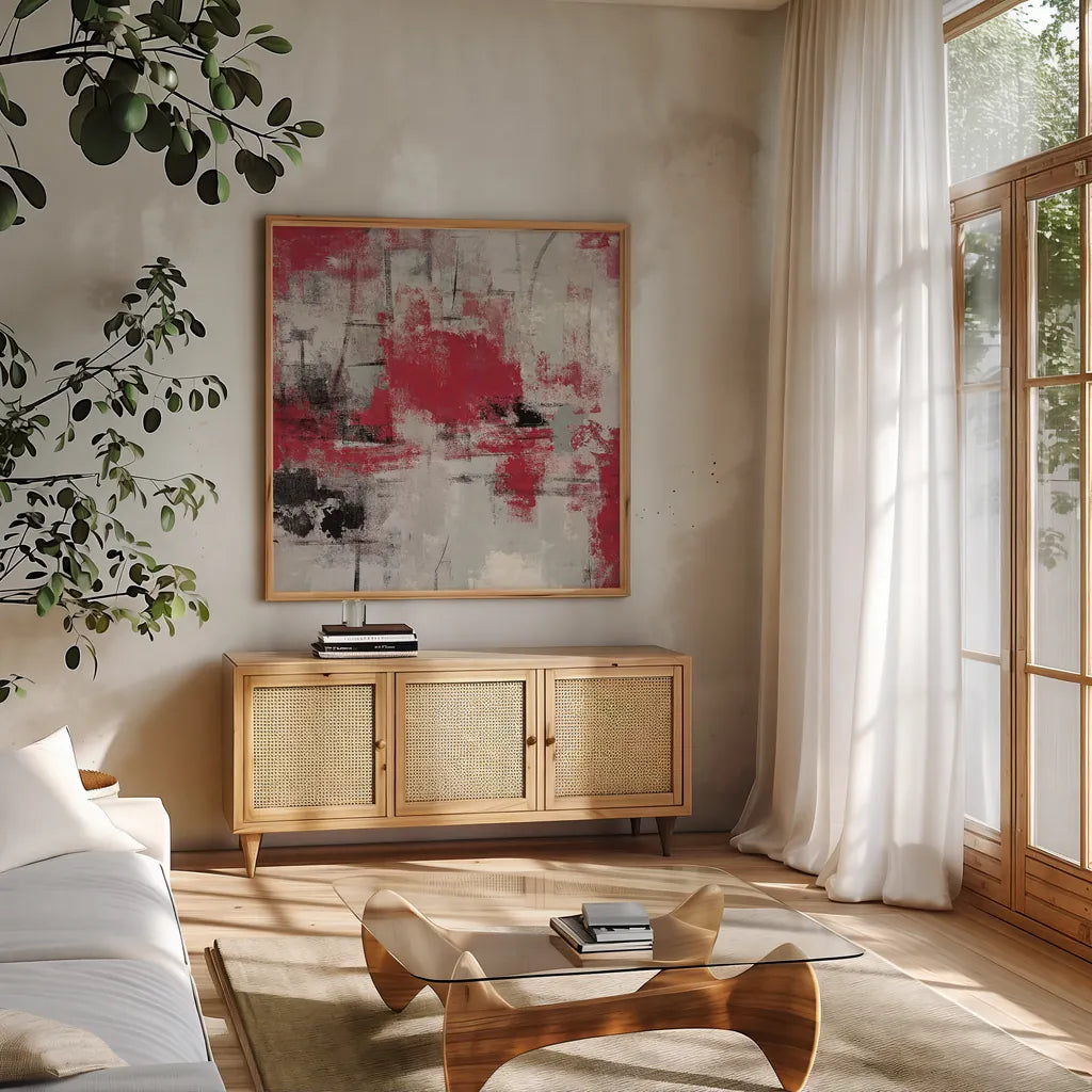 Stone Gardens III Red by Silvia Vassileva. Shown in a natural wood frame in a cozy modern living room. Available as an archival giclee rolled canvas, fine art paper, or poster print. SKU 31290a.