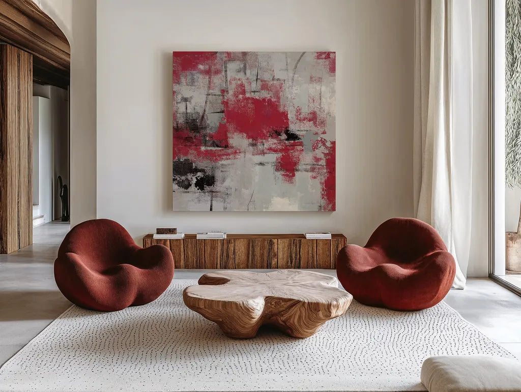 Stone Gardens III Red by Silvia Vassileva. Shown as extra-large giant wall art in a modern living room. Available as an archival giclee rolled canvas, fine art paper, or poster print. SKU 31290a.