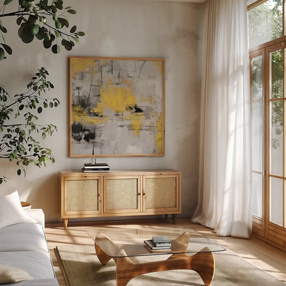 Stone Gardens III Yellow by Silvia Vassileva. Shown in a natural wood frame in a cozy modern living room. Available as an archival giclee rolled canvas, fine art paper, or poster print. SKU 31292a.