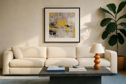 Stone Gardens III Yellow by Silvia Vassileva. Displayed in a glass frame with matte in a clean modern living room. Available as an archival giclee rolled canvas, fine art paper, or poster print. SKU 31292a.