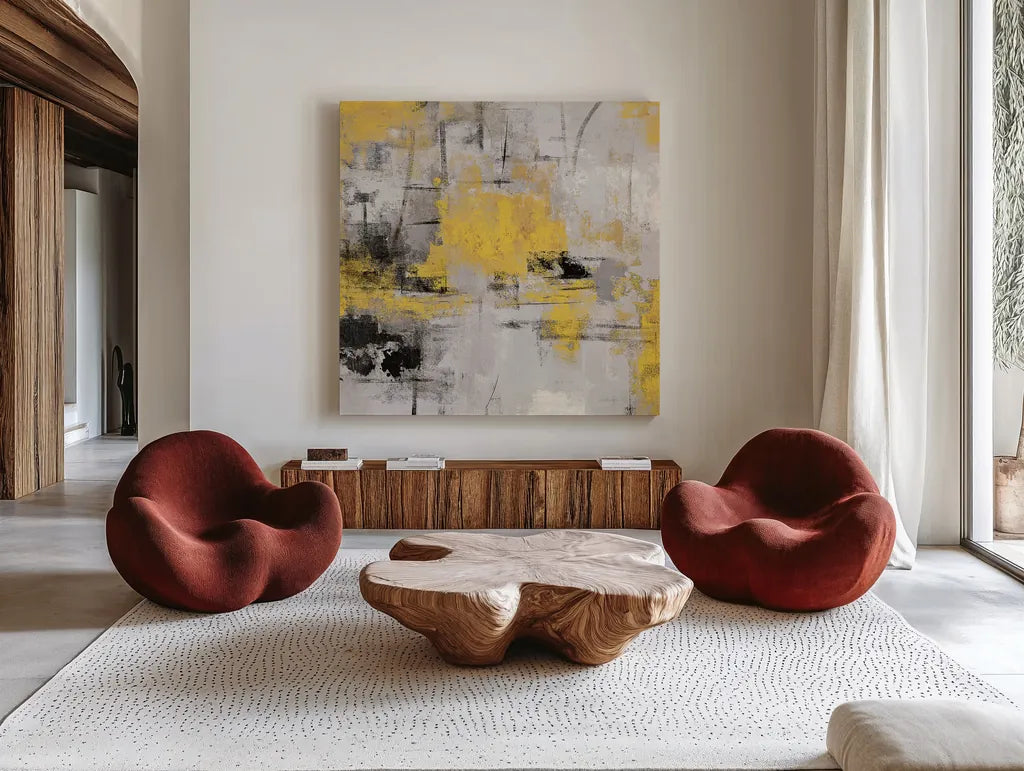 Stone Gardens III Yellow by Silvia Vassileva. Shown as extra-large giant wall art in a modern living room. Available as an archival giclee rolled canvas, fine art paper, or poster print. SKU 31292a.