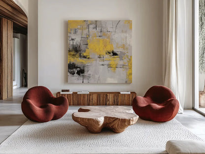 Stone Gardens III Yellow by Silvia Vassileva. Shown as extra-large giant wall art in a modern living room. Available as an archival giclee rolled canvas, fine art paper, or poster print. SKU 31292a.