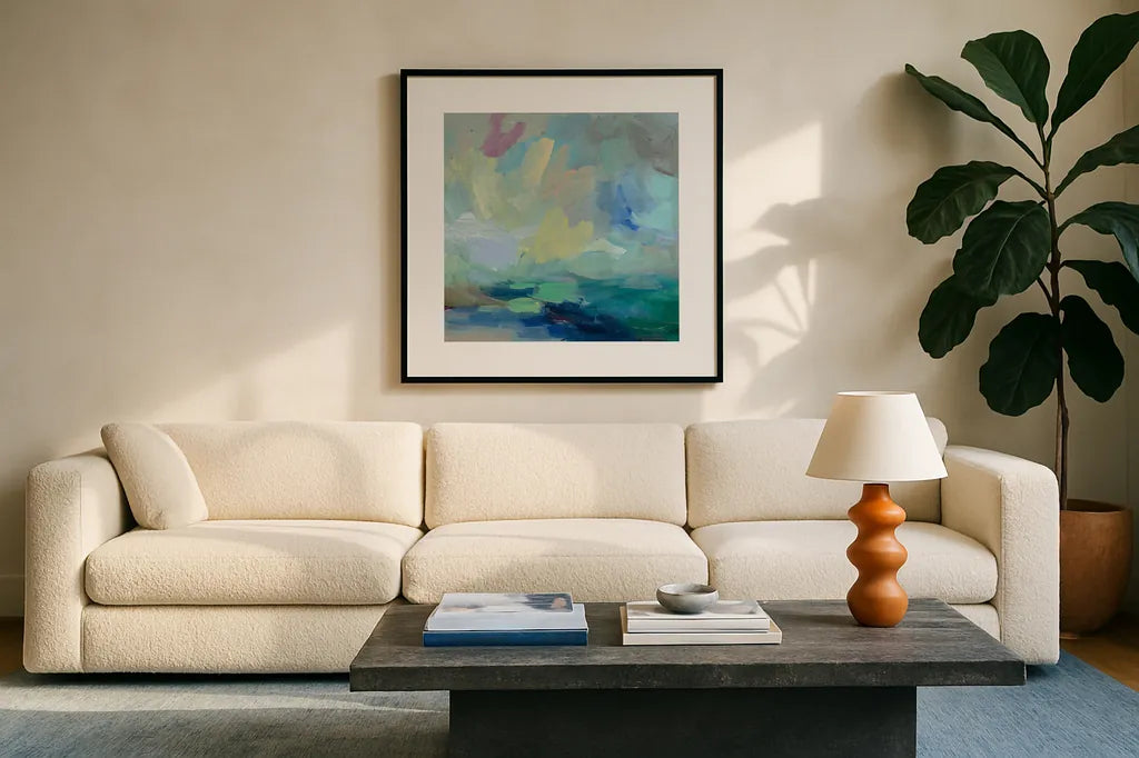 Storm I by Silvia Vassileva. Displayed in a glass frame with matte in a clean modern living room. Available as an archival giclee rolled canvas, fine art paper, or poster print. SKU 27125a.