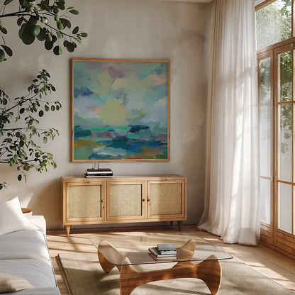 Storm II by Silvia Vassileva. Shown in a natural wood frame in a cozy modern living room. Available as an archival giclee rolled canvas, fine art paper, or poster print. SKU 27126a.
