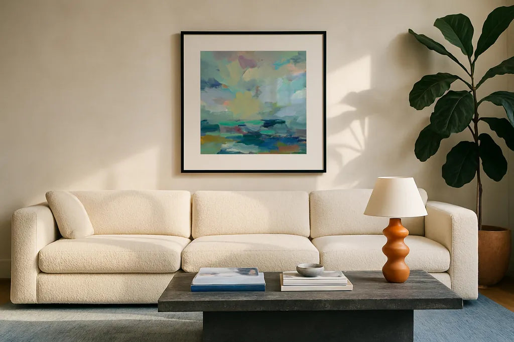 Storm II by Silvia Vassileva. Displayed in a glass frame with matte in a clean modern living room. Available as an archival giclee rolled canvas, fine art paper, or poster print. SKU 27126a.