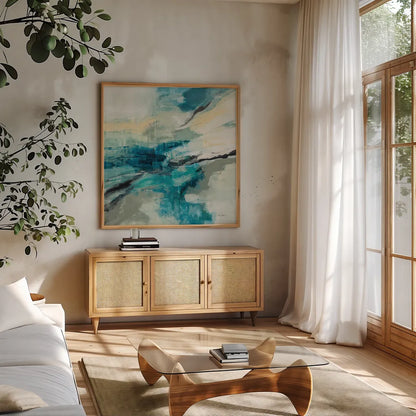 Stream by Silvia Vassileva. Shown in a natural wood frame in a cozy modern living room. Available as an archival giclee rolled canvas, fine art paper, or poster print. SKU 83512a.