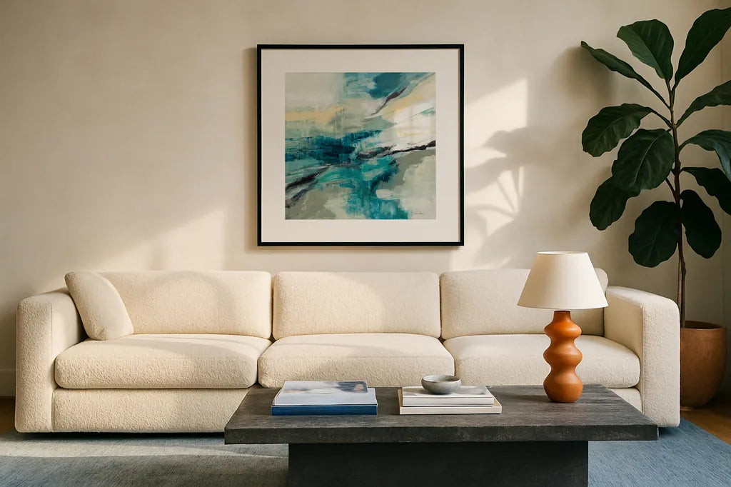Stream by Silvia Vassileva. Displayed in a glass frame with matte in a clean modern living room. Available as an archival giclee rolled canvas, fine art paper, or poster print. SKU 83512a.