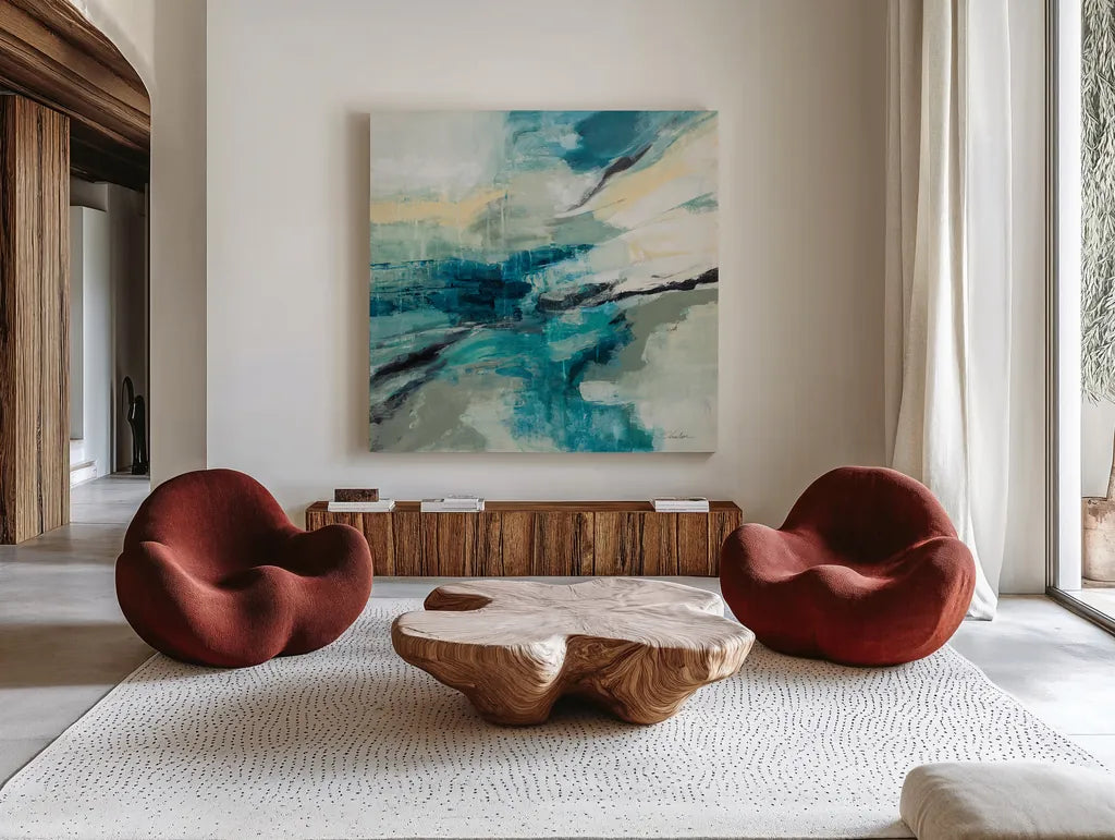 Stream by Silvia Vassileva. Shown as extra-large giant wall art in a modern living room. Available as an archival giclee rolled canvas, fine art paper, or poster print. SKU 83512a.