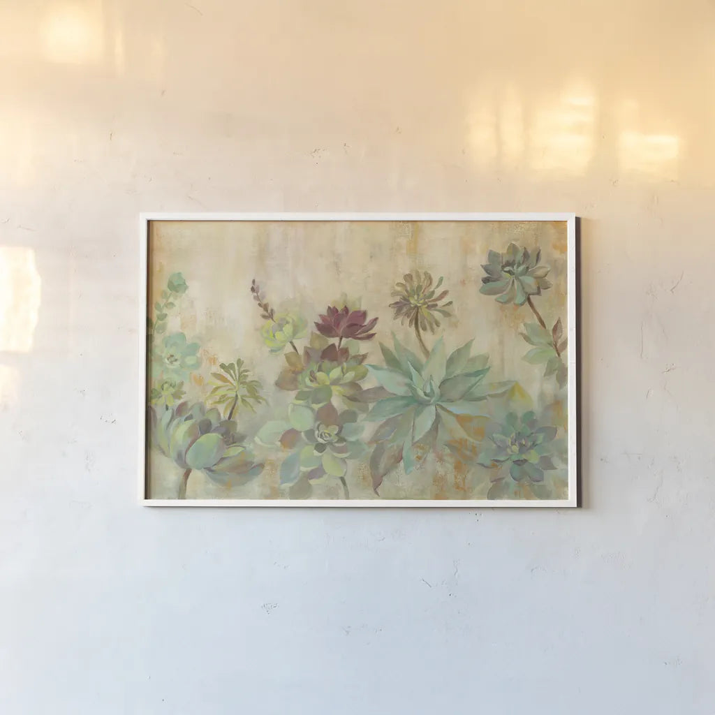 Succulent Garden by Silvia Vassileva. shown as a paper print in a white frame. Available as a archival giclee rolled canvas, fine art paper, or poster print. SKU 46425i.