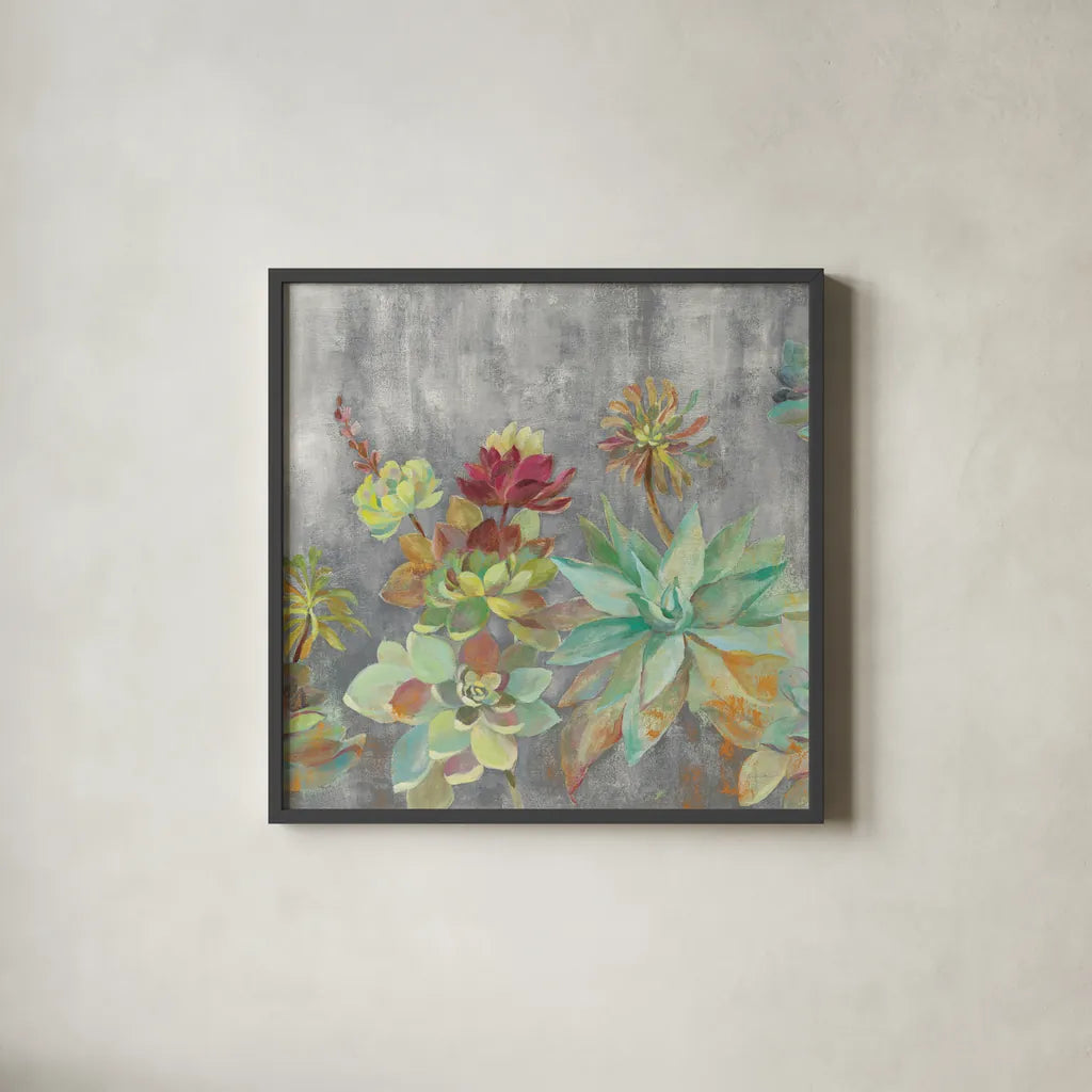 Succulent Garden Gray Crop by Silvia Vassileva. Shown in a sleek black glass frame for a contemporary gallery look. Available as an archival giclee rolled canvas, fine art paper, or poster print. SKU 48478a.