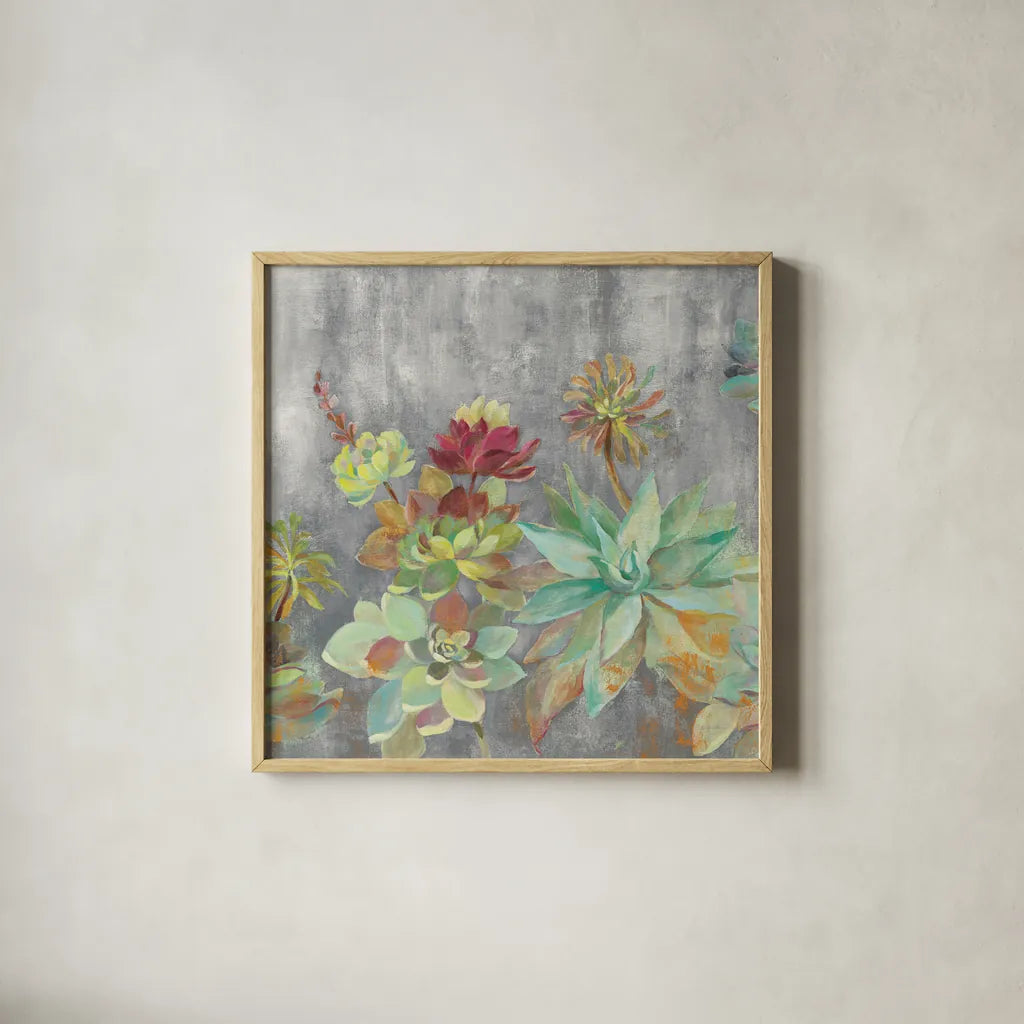 Succulent Garden Gray Crop by Silvia Vassileva. Shown in a natural wood glass frame for a timeless modern aesthetic. Available as an archival giclee rolled canvas, fine art paper, or poster print. SKU 48478a.
