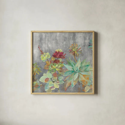 Succulent Garden Gray Crop by Silvia Vassileva. Shown in a natural wood glass frame for a timeless modern aesthetic. Available as an archival giclee rolled canvas, fine art paper, or poster print. SKU 48478a.