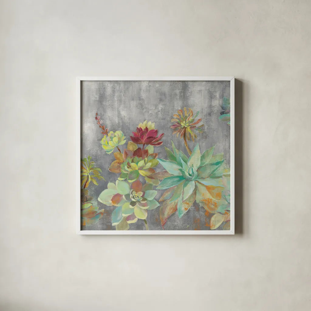 Succulent Garden Gray Crop by Silvia Vassileva. Shown in a crisp white glass frame for a clean and minimalist style. Available as an archival giclee rolled canvas, fine art paper, or poster print. SKU 48478a.