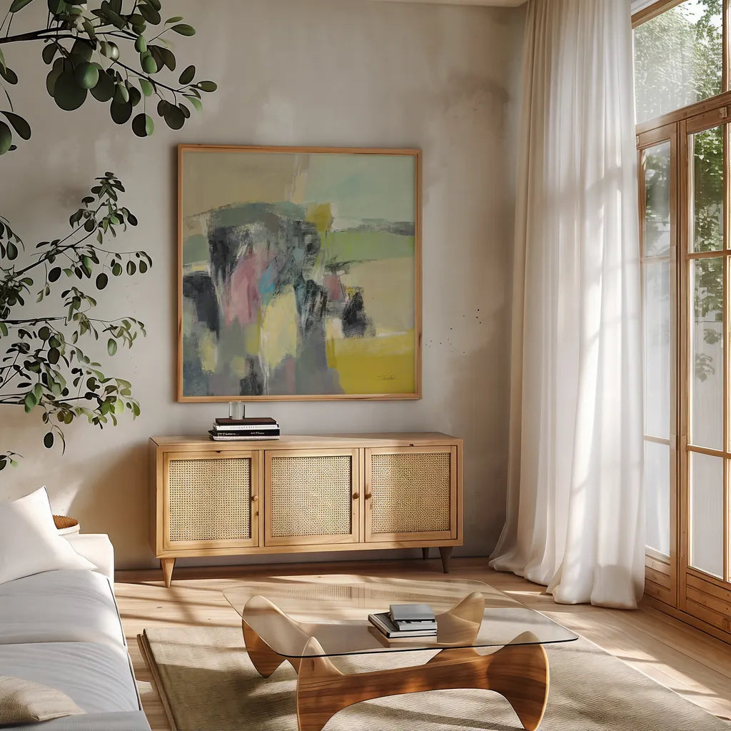 Summer Anticipation by Silvia Vassileva. Shown in a natural wood frame in a cozy modern living room. Available as an archival giclee rolled canvas, fine art paper, or poster print. SKU 85380a.