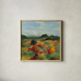 Summer Blooming Fields by Silvia Vassileva. Shown in a natural wood glass frame for a timeless modern aesthetic. Available as an archival giclee rolled canvas, fine art paper, or poster print. SKU 104638a.
