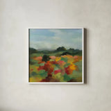 Summer Blooming Fields by Silvia Vassileva. Shown in a crisp white glass frame for a clean and minimalist style. Available as an archival giclee rolled canvas, fine art paper, or poster print. SKU 104638a.