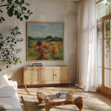 Summer Blooming Fields by Silvia Vassileva. Shown in a natural wood frame in a cozy modern living room. Available as an archival giclee rolled canvas, fine art paper, or poster print. SKU 104638a.