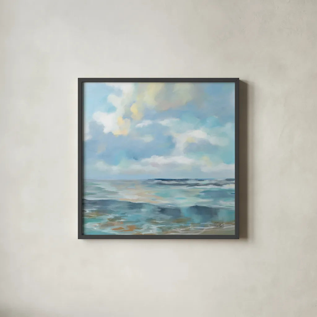 Summer Clouds Light Sq by Silvia Vassileva. Shown in a sleek black glass frame for a contemporary gallery look. Available as an archival giclee rolled canvas, fine art paper, or poster print. SKU 74490a.