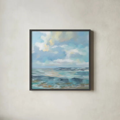 Summer Clouds Light Sq by Silvia Vassileva. Shown in a sleek black glass frame for a contemporary gallery look. Available as an archival giclee rolled canvas, fine art paper, or poster print. SKU 74490a.