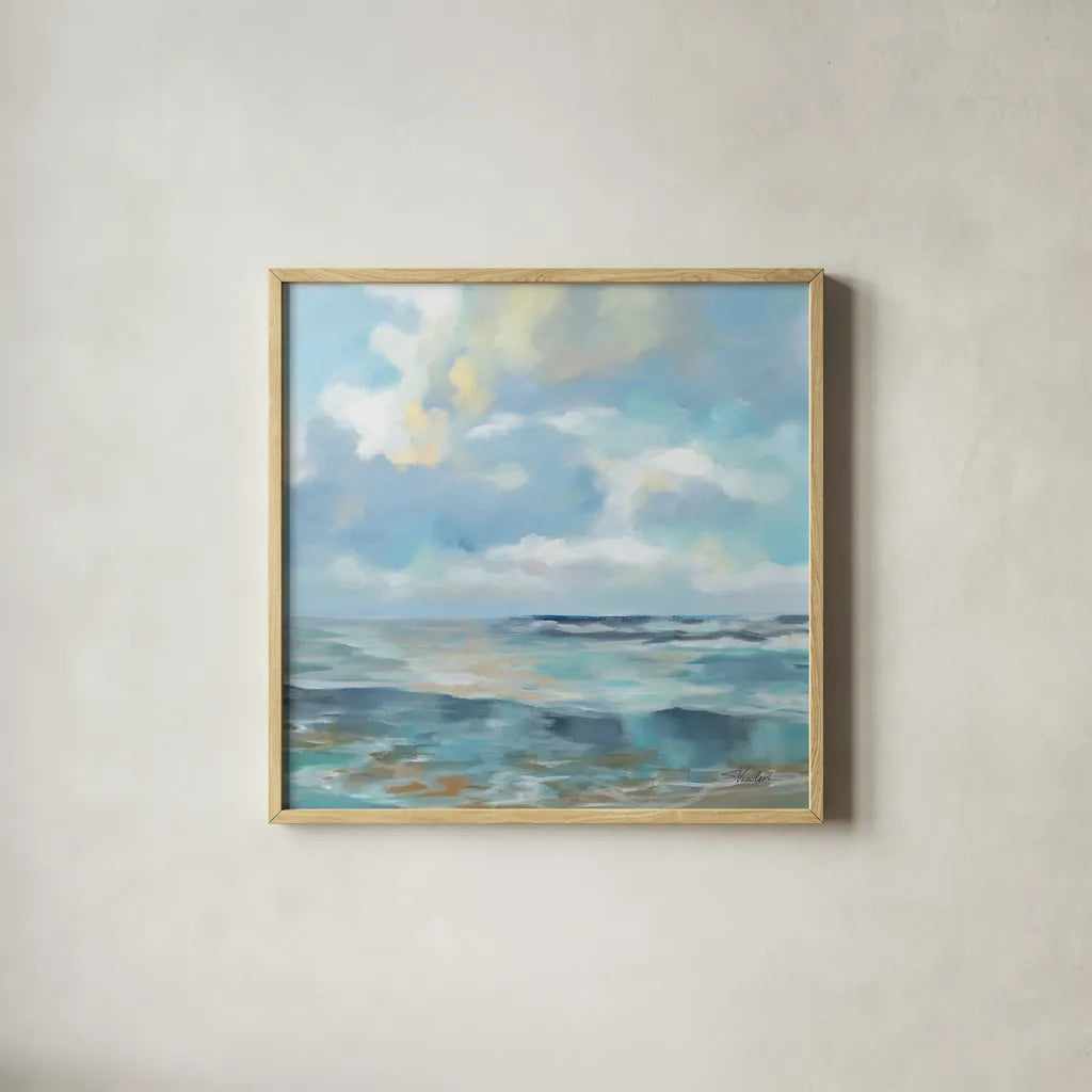 Summer Clouds Light Sq by Silvia Vassileva. Shown in a natural wood glass frame for a timeless modern aesthetic. Available as an archival giclee rolled canvas, fine art paper, or poster print. SKU 74490a.