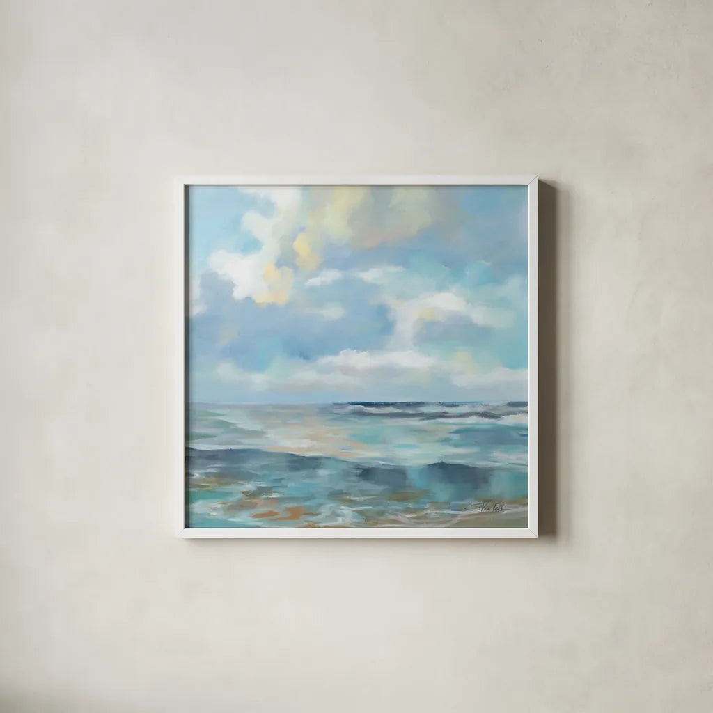 Summer Clouds Light Sq by Silvia Vassileva. Shown in a crisp white glass frame for a clean and minimalist style. Available as an archival giclee rolled canvas, fine art paper, or poster print. SKU 74490a.