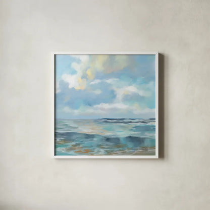 Summer Clouds Light Sq by Silvia Vassileva. Shown in a crisp white glass frame for a clean and minimalist style. Available as an archival giclee rolled canvas, fine art paper, or poster print. SKU 74490a.