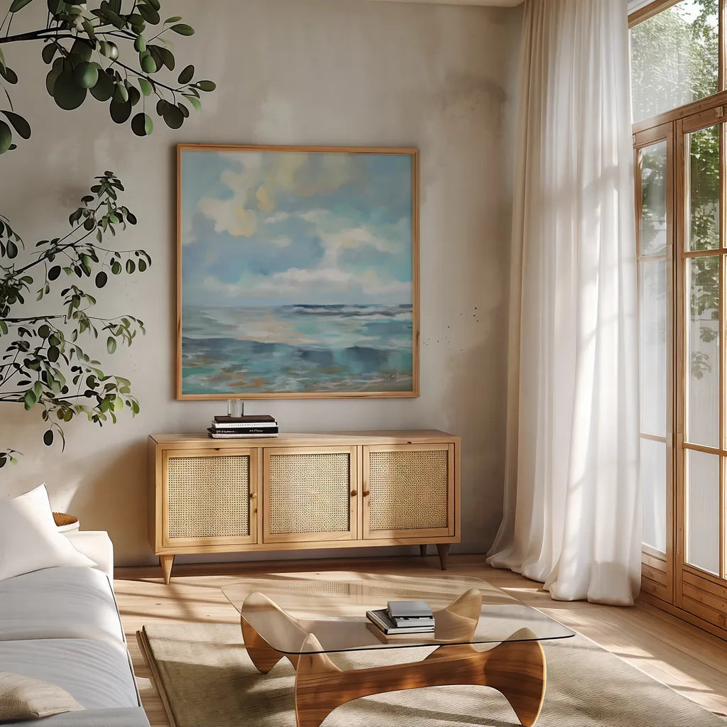 Summer Clouds Light Sq by Silvia Vassileva. Shown in a natural wood frame in a cozy modern living room. Available as an archival giclee rolled canvas, fine art paper, or poster print. SKU 74490a.