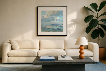 Summer Clouds Light Sq by Silvia Vassileva. Displayed in a glass frame with matte in a clean modern living room. Available as an archival giclee rolled canvas, fine art paper, or poster print. SKU 74490a.