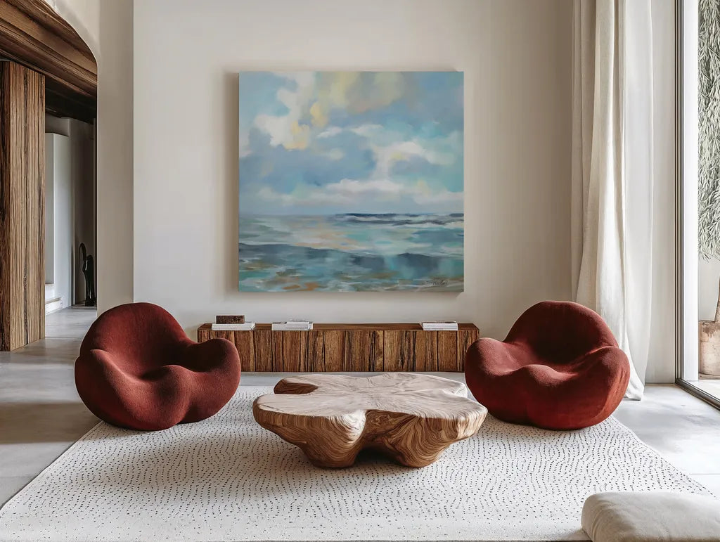 Summer Clouds Light Sq by Silvia Vassileva. Shown as extra-large giant wall art in a modern living room. Available as an archival giclee rolled canvas, fine art paper, or poster print. SKU 74490a.