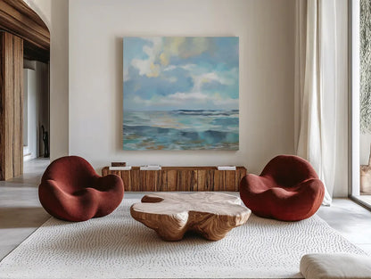 Summer Clouds Light Sq by Silvia Vassileva. Shown as extra-large giant wall art in a modern living room. Available as an archival giclee rolled canvas, fine art paper, or poster print. SKU 74490a.