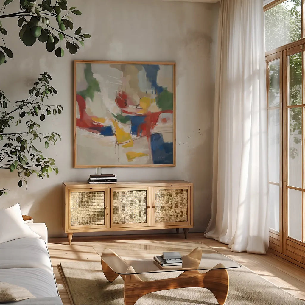 Summer Harmony by Silvia Vassileva. Shown in a natural wood frame in a cozy modern living room. Available as an archival giclee rolled canvas, fine art paper, or poster print. SKU 98583a.