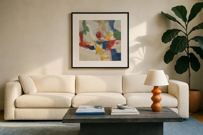 Summer Harmony by Silvia Vassileva. Displayed in a glass frame with matte in a clean modern living room. Available as an archival giclee rolled canvas, fine art paper, or poster print. SKU 98583a.