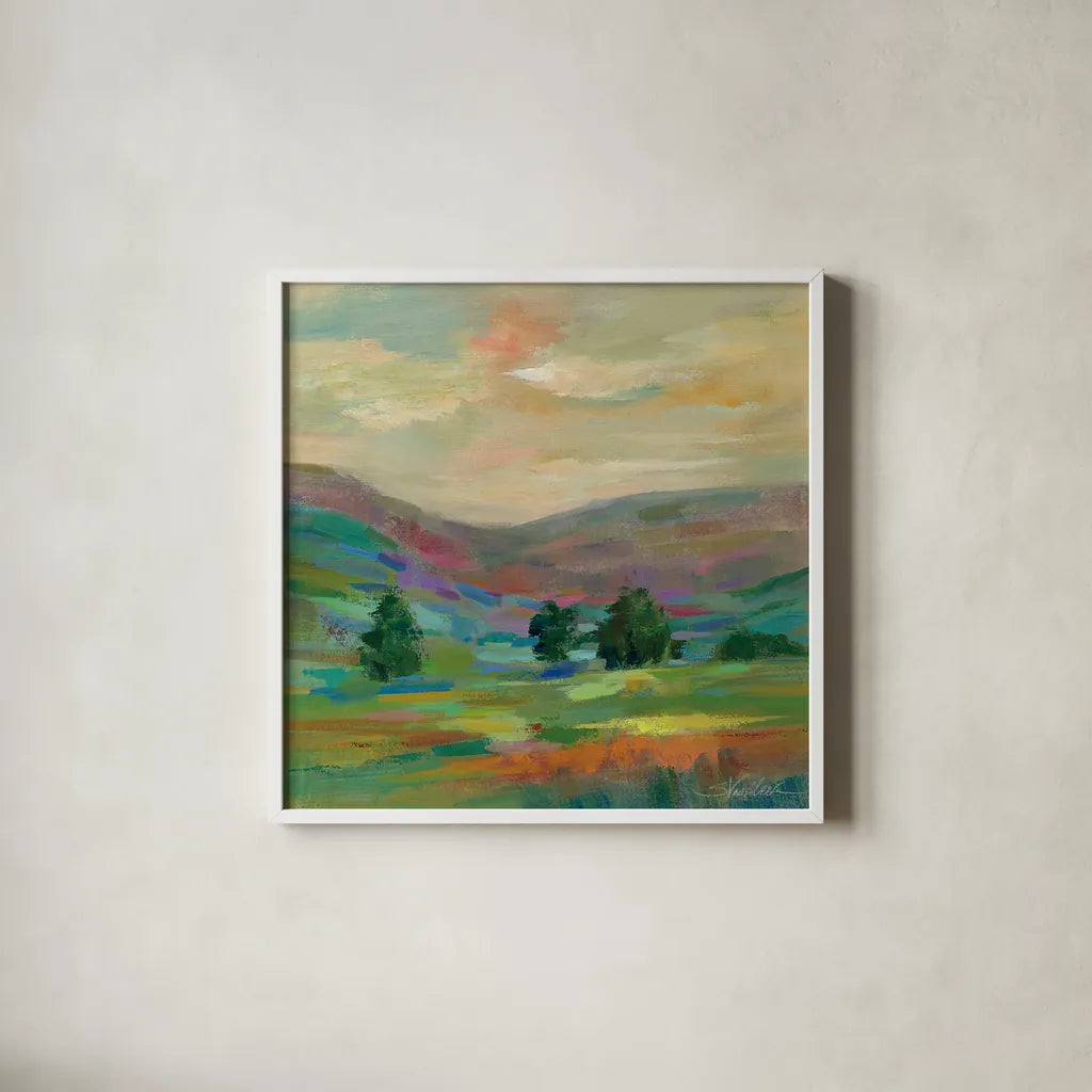 Summer Hues by Silvia Vassileva. Shown in a crisp white glass frame for a clean and minimalist style. Available as an archival giclee rolled canvas, fine art paper, or poster print. SKU 21586a.