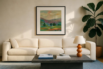 Summer Hues by Silvia Vassileva. Displayed in a glass frame with matte in a clean modern living room. Available as an archival giclee rolled canvas, fine art paper, or poster print. SKU 21586a.
