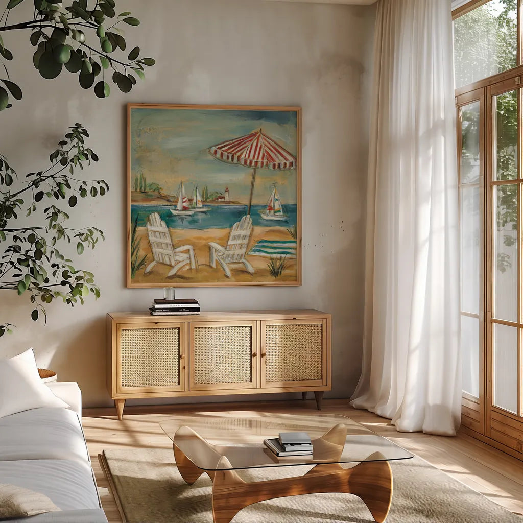 Summer II by Silvia Vassileva. Shown in a natural wood frame in a cozy modern living room. Available as an archival giclee rolled canvas, fine art paper, or poster print. SKU 9639a.