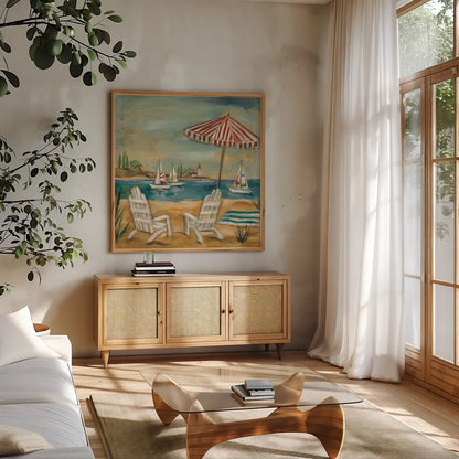 Summer II by Silvia Vassileva. Shown in a natural wood frame in a cozy modern living room. Available as an archival giclee rolled canvas, fine art paper, or poster print. SKU 9639a.